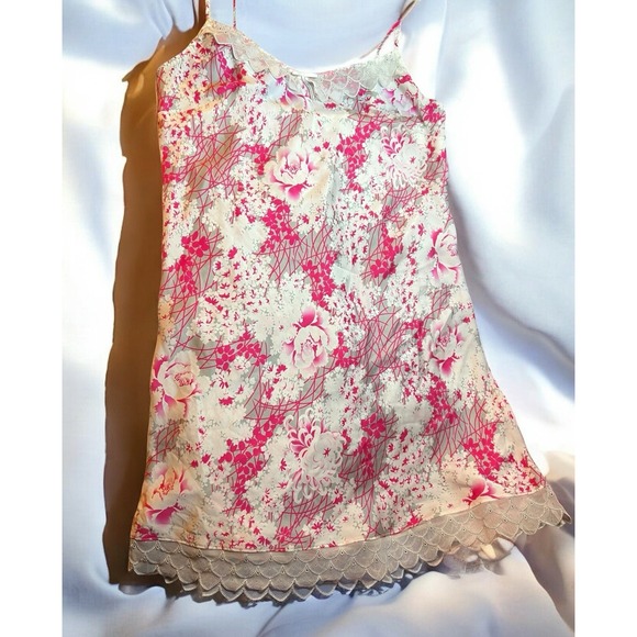 Aubade Paris‎ Vintage Y2K Lingerie Nightgown Pink Abstract Flowers Adj. Straps - Picture 10 of 13